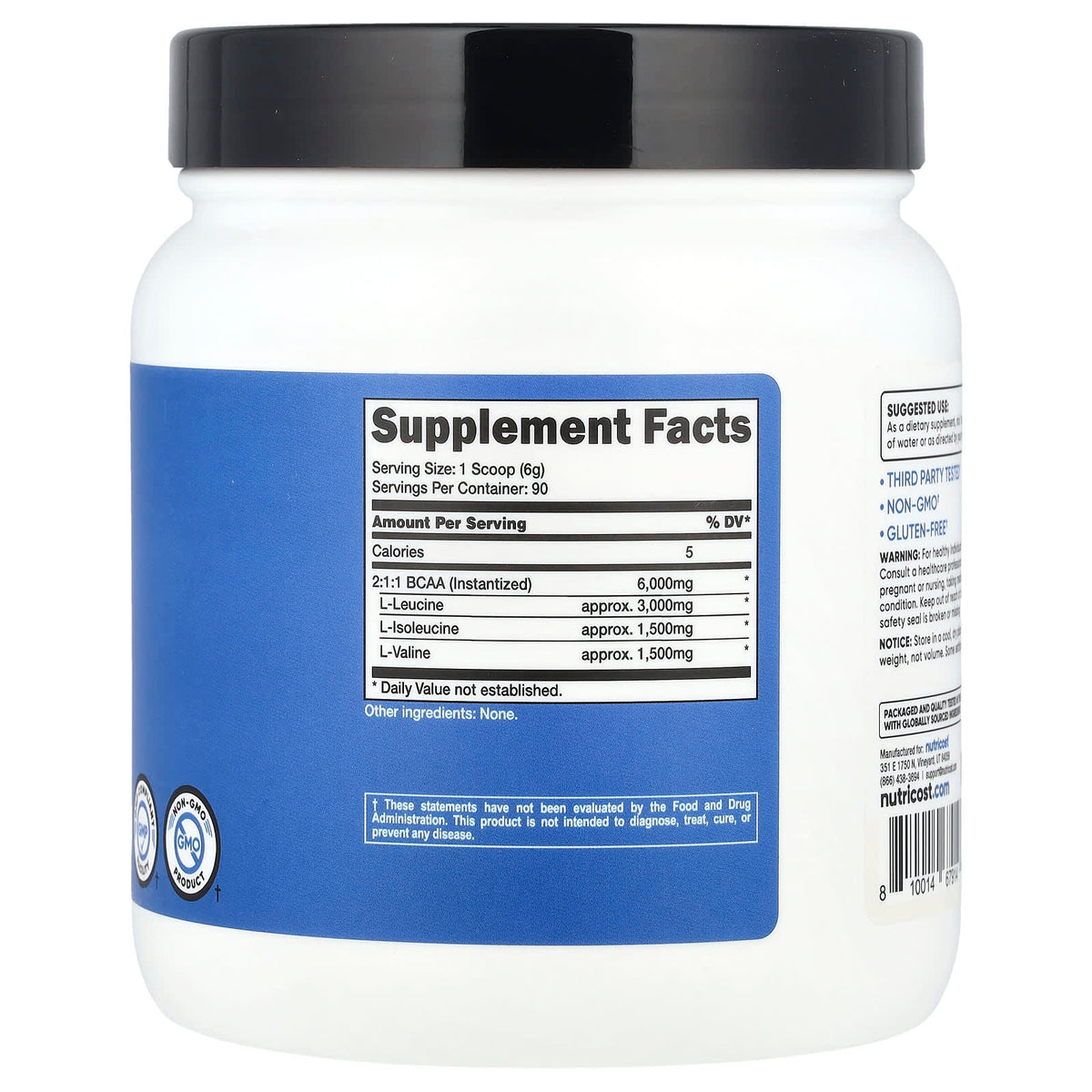 Nutricost, Performance, BCAA, Unflavoured, 1.2 lb (540 g)