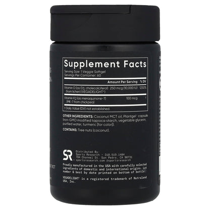 Sports Research Vitamin D3 + K2 250 mcg 100 mcg 60 Veg Softgels