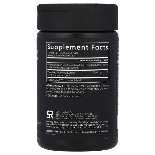 Sports Research Vitamin D3 + K2 250 mcg 100 mcg 60 Veg Softgels