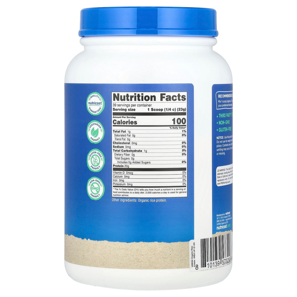 Nutricost, Organic Rice Protein Powder, Unflavoured, 2 lb (907 g)