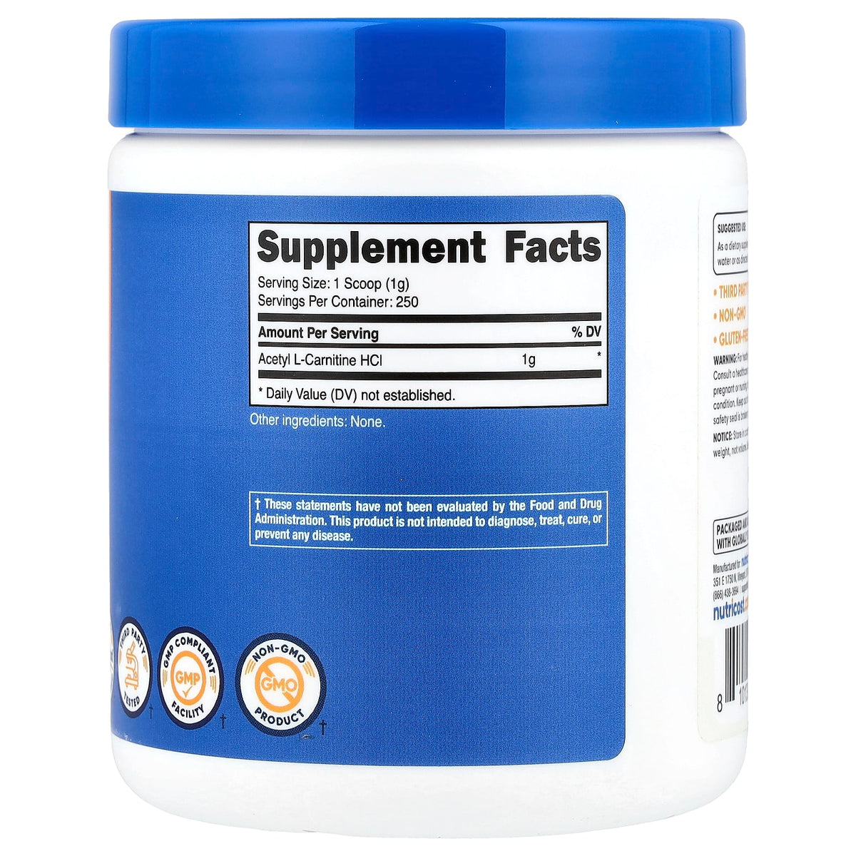 Nutricost, Acetyl L-Carnitine, Unflavoured, 8.9 oz (250 g)