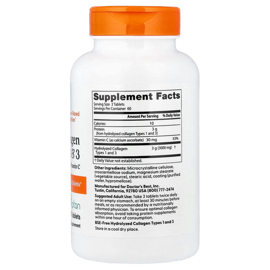 Doctor's Best, Collagen Types 1 and 3 with Peptan and Vitamin C, 180 Tablets