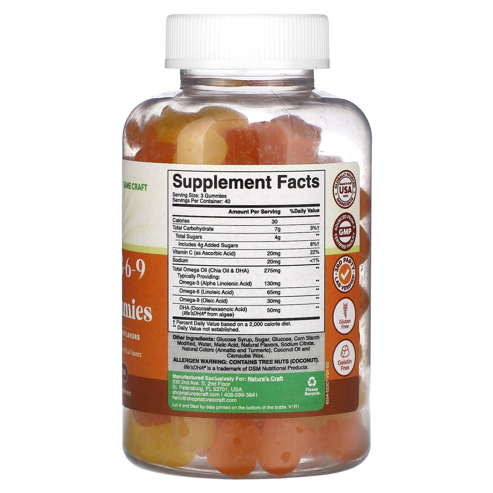 Nature's Craft, Omega 3-6-9 + DHA Gummies, Lemon and Orange, 120 Gummies