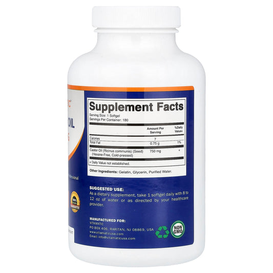 Vitamatic, Castor Oil, 750 mg, 180 Capsules