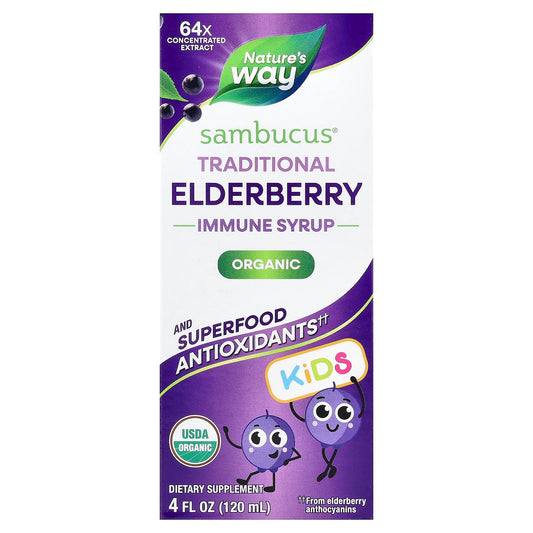 Nature's Way, Kids Sambucus®, Organic Traditional Immune Syrup, Ages 1+, Elderberry, 120 ml (4 fl oz)