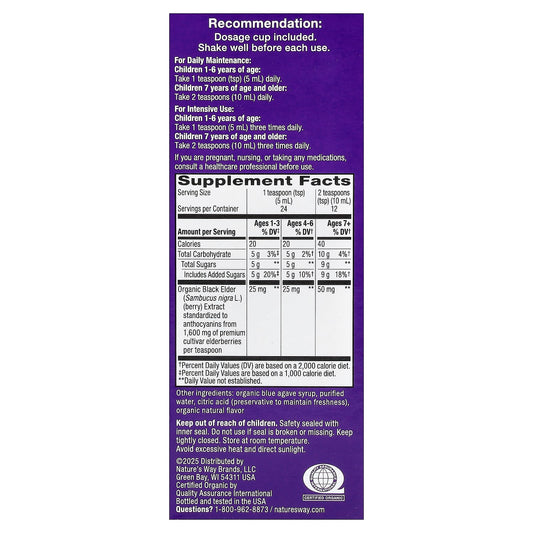 Nature's Way, Kids Sambucus®, Organic Traditional Immune Syrup, Ages 1+, Elderberry, 120 ml (4 fl oz)