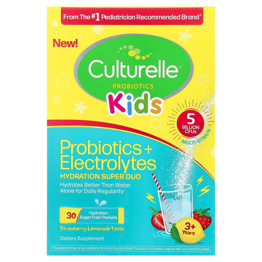 Culturelle, Kids, Probiotics + Electrolytes, Hydration Super Duo, 3+ Years, Strawberry Lemonade, 30 Packets, 0.06 oz (1.7 g) Each