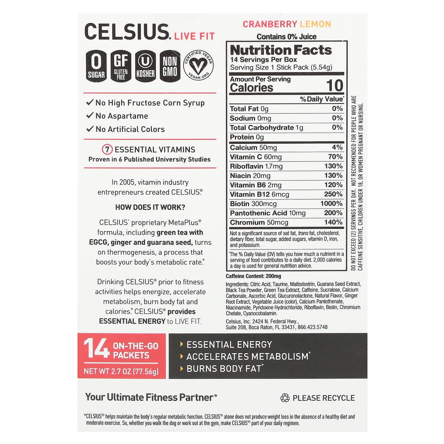 Celsius, Live Fit, Cranberry Lemon, 14 On-The-Go Packets, 0.2 oz (5.54 g) Each