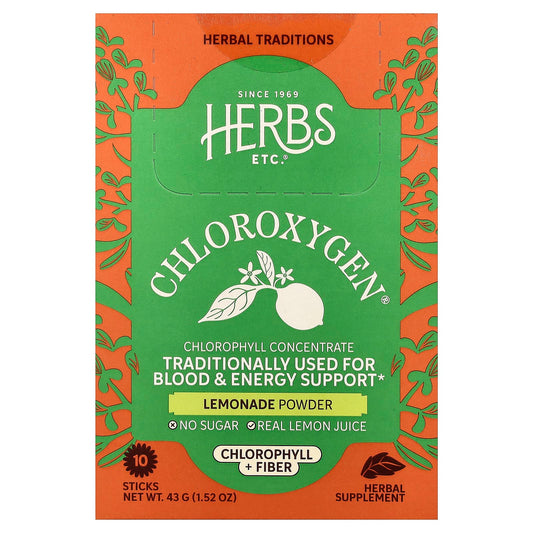 Herbs Etc., ChlorOxygen®, Chlorophyll + Fibre Powder, Lemonade , 10 Sticks, 4.3 g (0.15 oz) Each