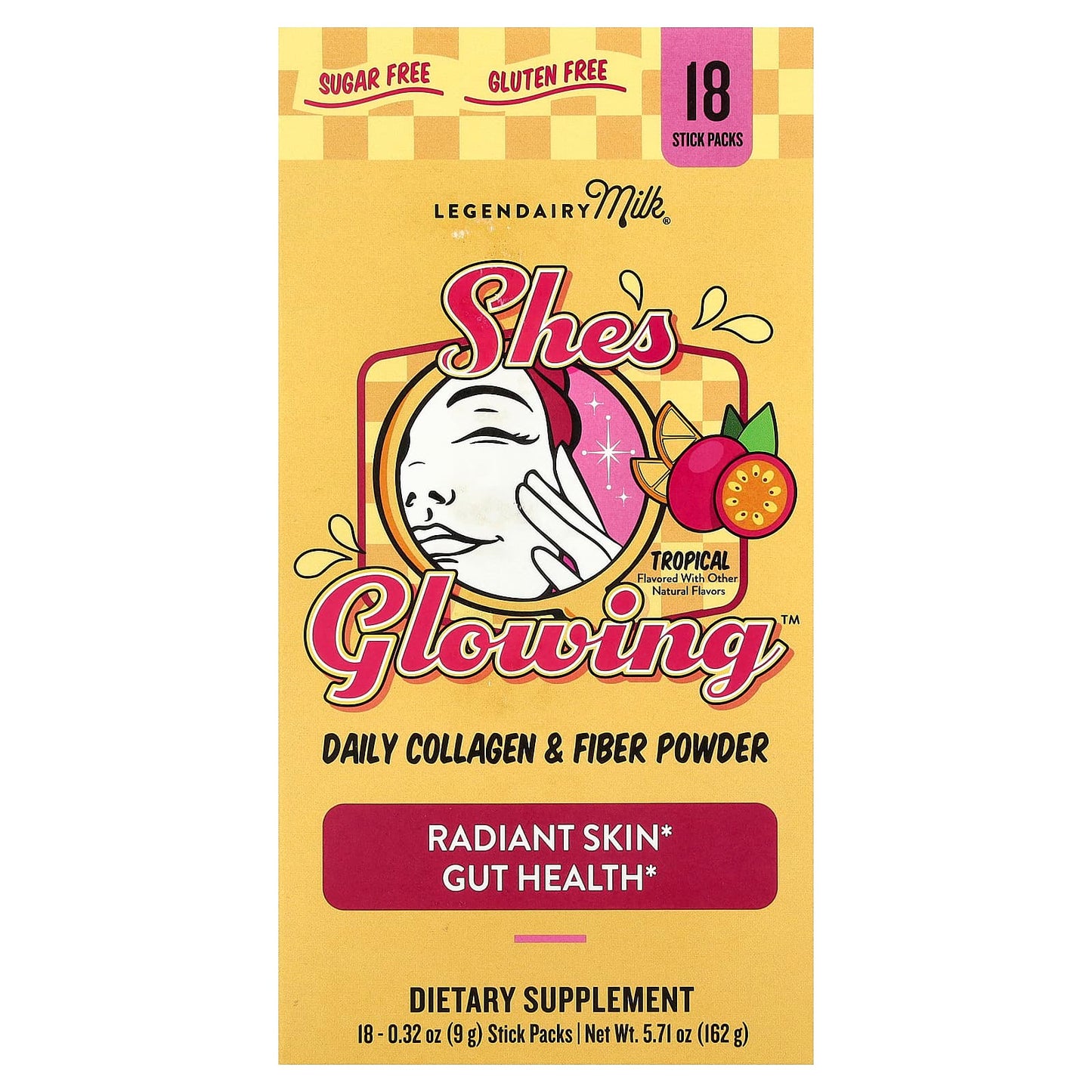 Legendairy Milk, She's Glowing™, Daily Collagen & Fibre Powder, Tropical, 18 Stick Packs, 0.32 oz (9 g) Each
