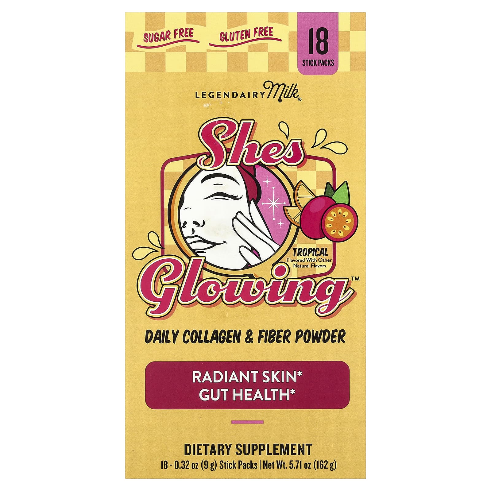 Legendairy Milk, She's Glowing™, Daily Collagen & Fibre Powder, Tropical, 18 Stick Packs, 0.32 oz (9 g) Each
