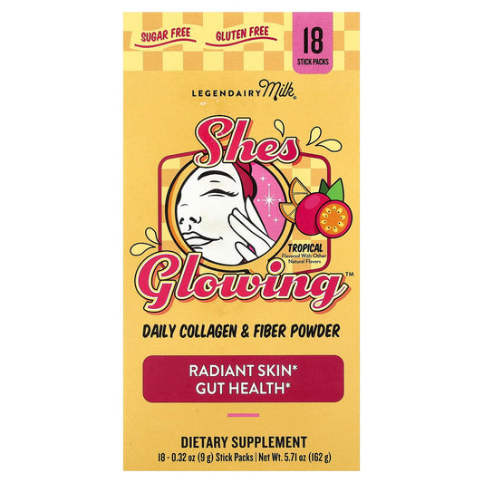 Legendairy Milk, She's Glowing™, Daily Collagen & Fibre Powder, Tropical, 18 Stick Packs, 0.32 oz (9 g) Each