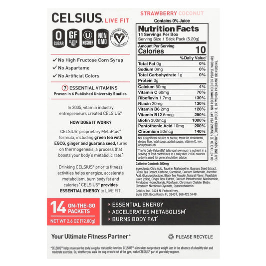 Celsius, Live Fit, Strawberry Coconut, 14 On-The-Go Packets, 0.18 oz (5.2 g) Each
