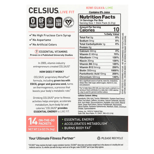 Celsius, Live Fit, Kiwi Guava Lime, 14 On-The-Go Packets, 0.19 oz (5.31 g) Each