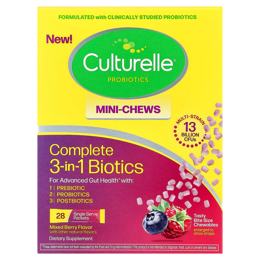 Culturelle, Complete 3-in-1 Biotics, Mini Chews, Mixed Berry, 28 Single Serve Packets, 1.5 g (0.05 oz ) Each