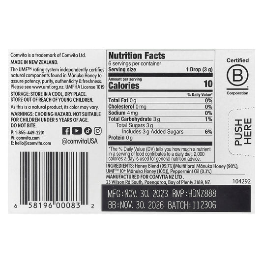 Comvita, Manuka Honey Drops, Peppermint, 6 Drops, 0.63 oz (18 g)