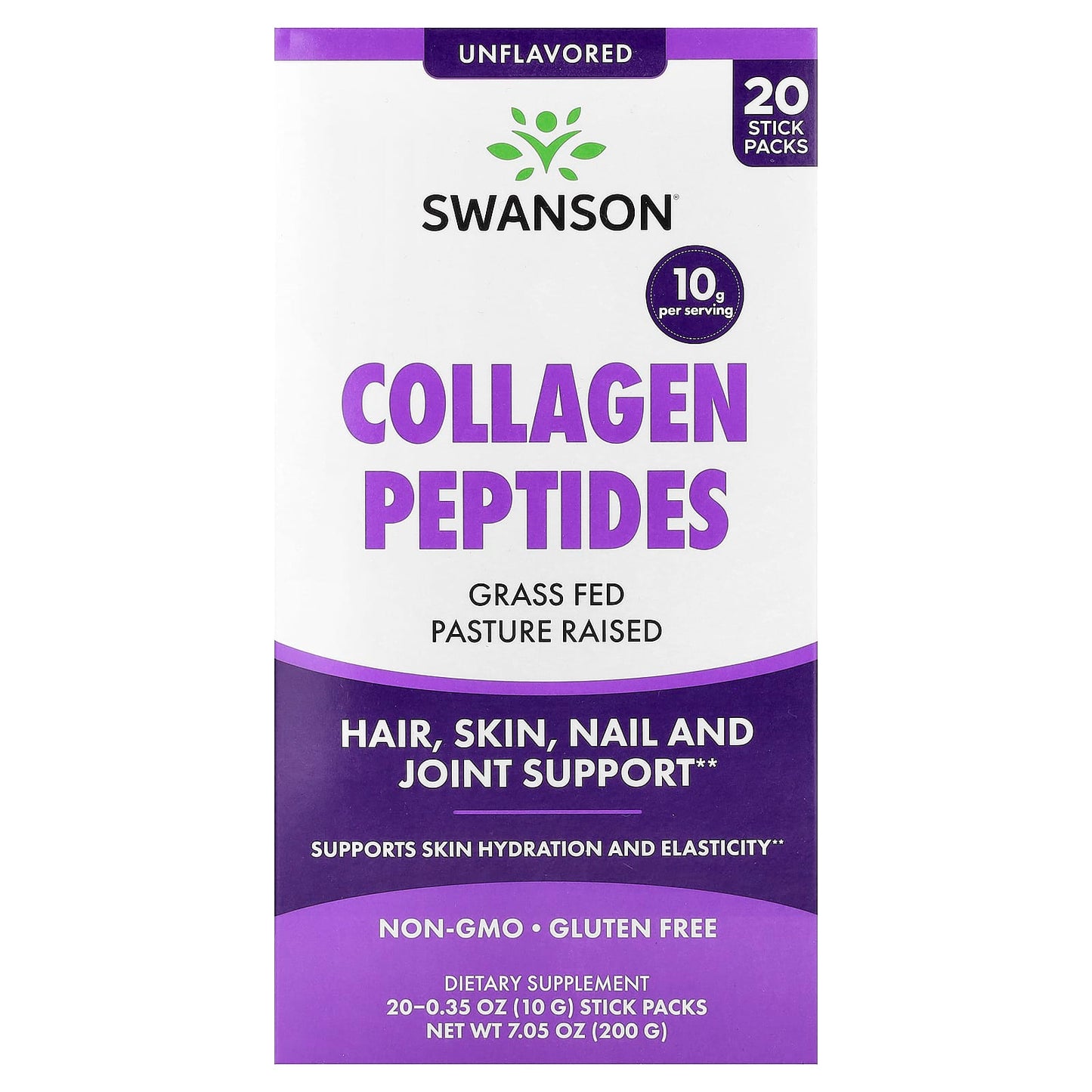 Swanson Vitamins, Collagen Peptides, Unflavoured, 20 Stick Packs, 0.35 oz (10 g) Each