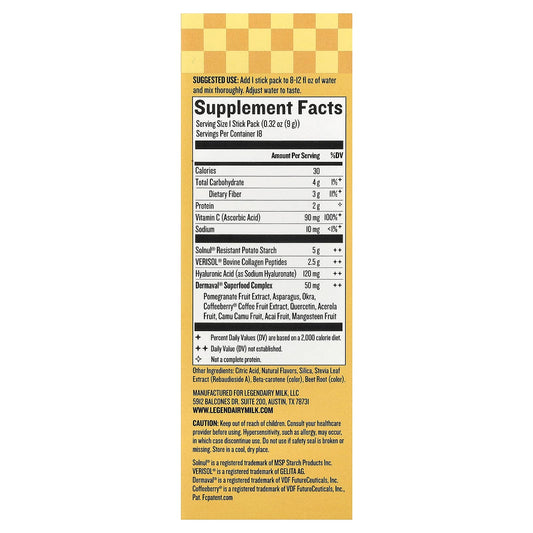 Legendairy Milk, She's Glowing™, Daily Collagen & Fibre Powder, Tropical, 18 Stick Packs, 0.32 oz (9 g) Each