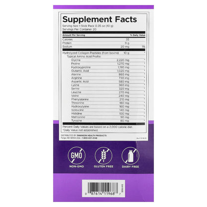 Swanson Vitamins, Collagen Peptides, Unflavoured, 20 Stick Packs, 0.35 oz (10 g) Each