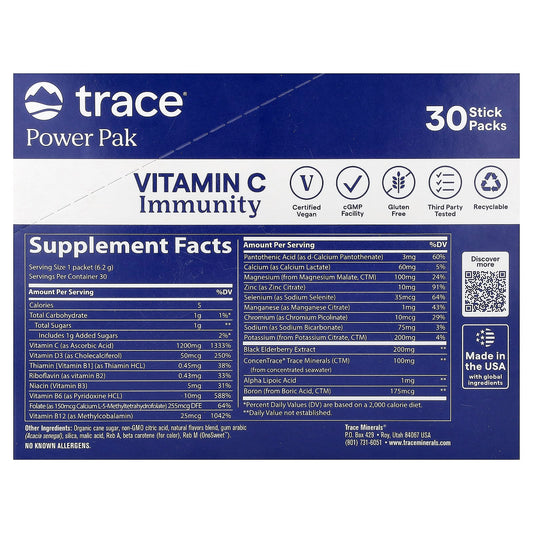 Trace, Power Pak, Vitamin C Immunity, Orange Pineapple, 30 Stick Packs, 6.2 g (0.22 oz) Each