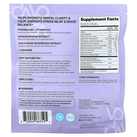 Venture Pal, Calming Drink Mix+, Magnesium Glycinate, Mixed Berry, 16 Stick Packs, 0.14 oz (4 g) Each