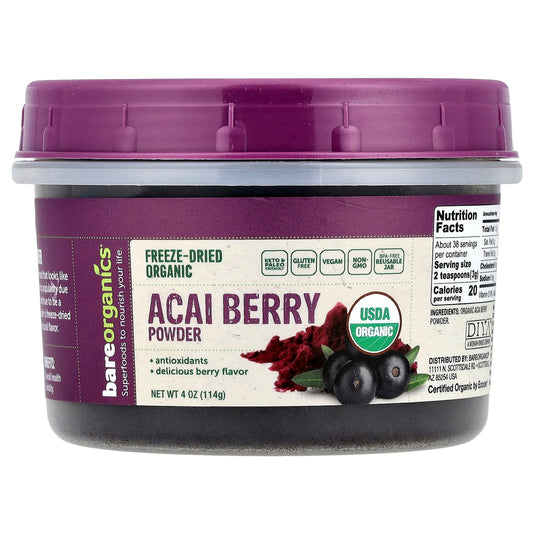 BareOrganics, Freeze-Dried Raw Organic Açaí Berry Powder, 4 oz (114 g)