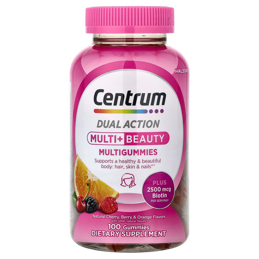 Centrum, Dual Action, Multi + Beauty Multigummies, Natural Cherry, Berry & Orange, 100 Gummies
