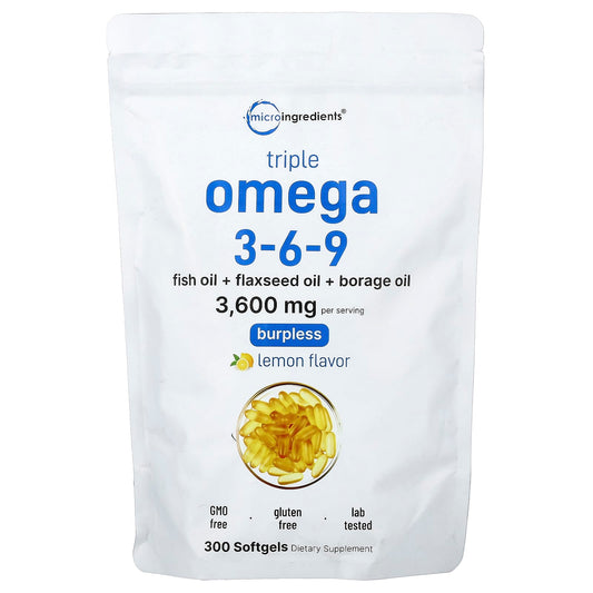 Micro Ingredients, Triple Omega 3-6-9, Lemon, 300 Capsules