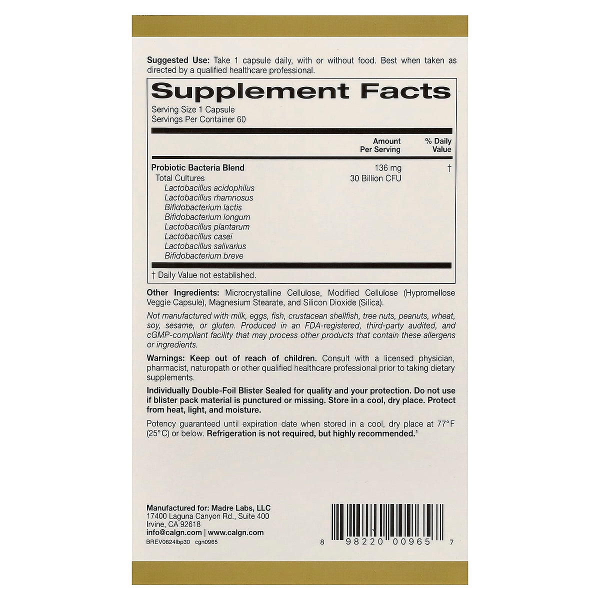 California Gold Nutrition, LactoBif Probiotics, 30 Billion CFU, 60 Veggie Caps