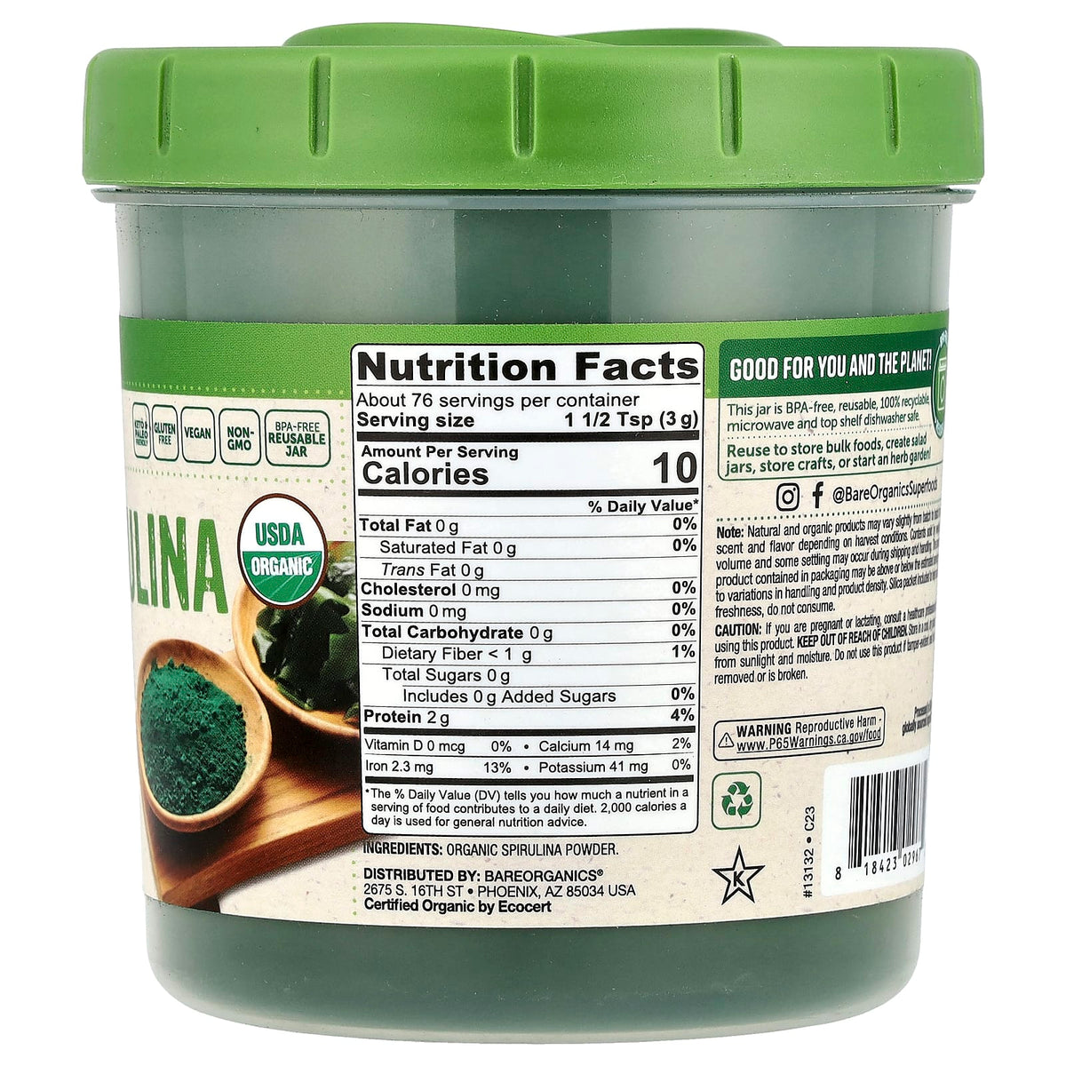 BareOrganics Spirulina 8 oz (227 g)