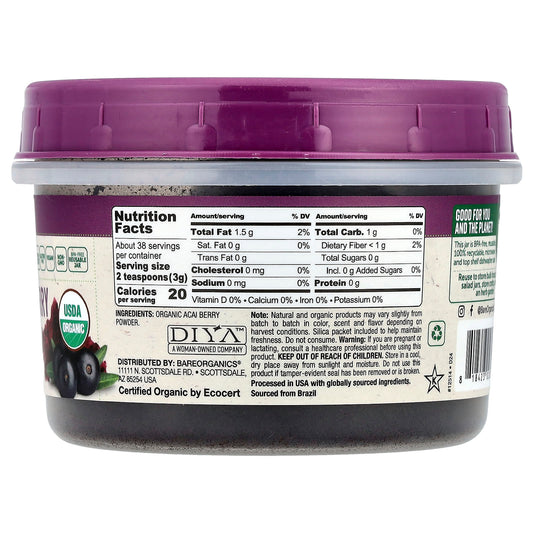 BareOrganics, Freeze-Dried Raw Organic Açaí Berry Powder, 4 oz (114 g)