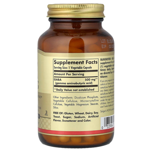Solgar, GABA, 500 mg, 100 Vegetable Capsules