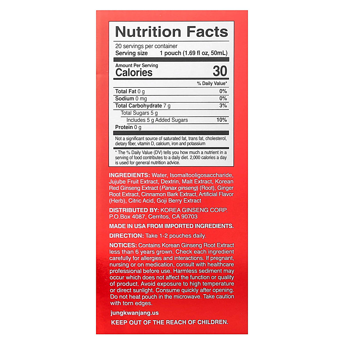JungKwanJang Korean Red Ginseng Herbal Drink 20 Pouches