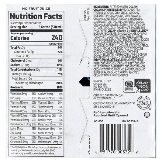 Orgain, Organic Nutrition, Plant Protein Shake, Smooth Chocolate, 4 Pack, 11 fl oz (330 ml) Each