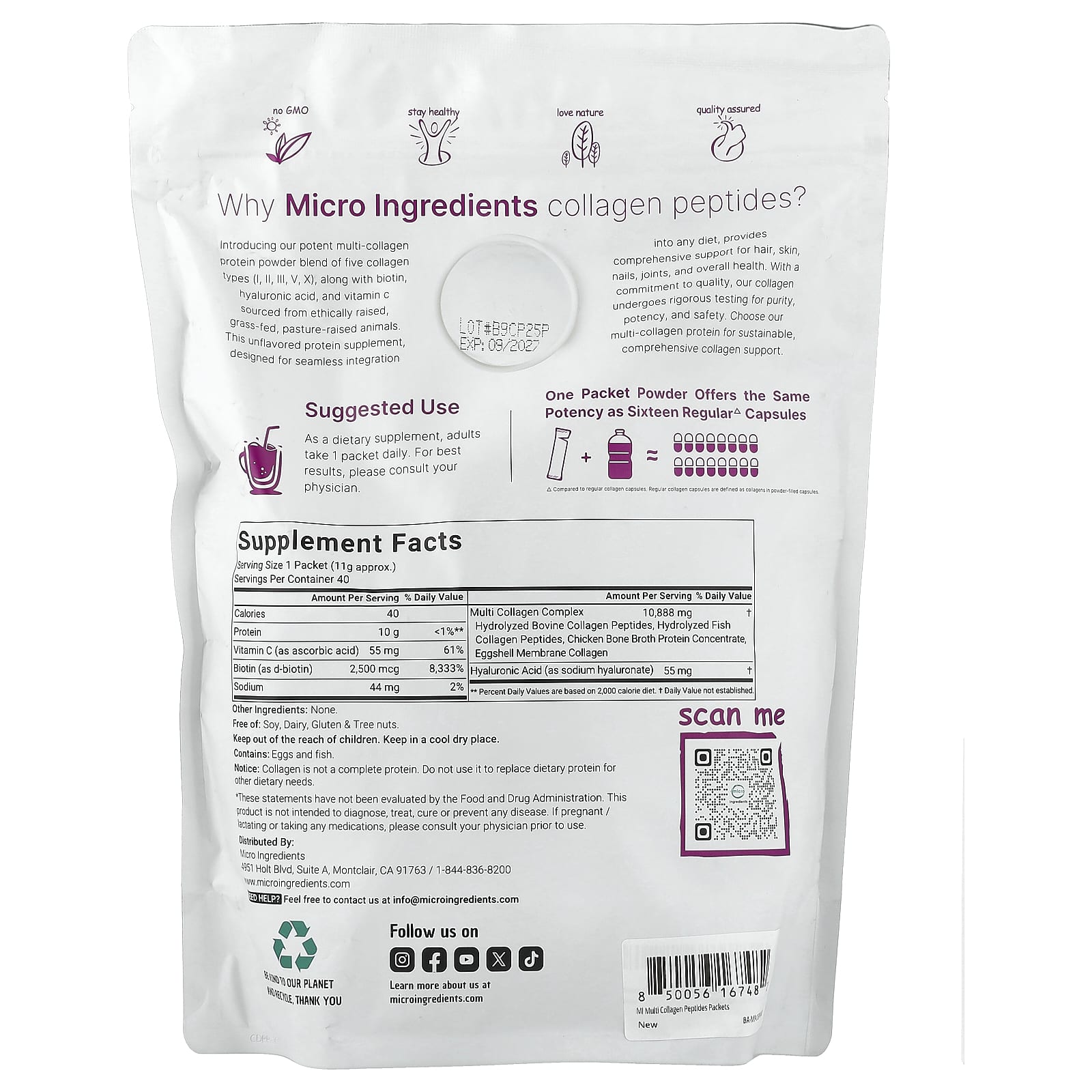 Micro Ingredients, Multi Collagen Peptides, Unflavoured, 40 Packets, 0.39 oz (11 g) Each