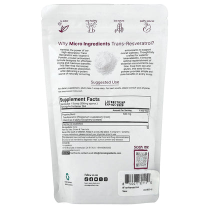 Micro Ingredients, Trans-Resveratrol With Vitamin E, 142 g (5 oz)
