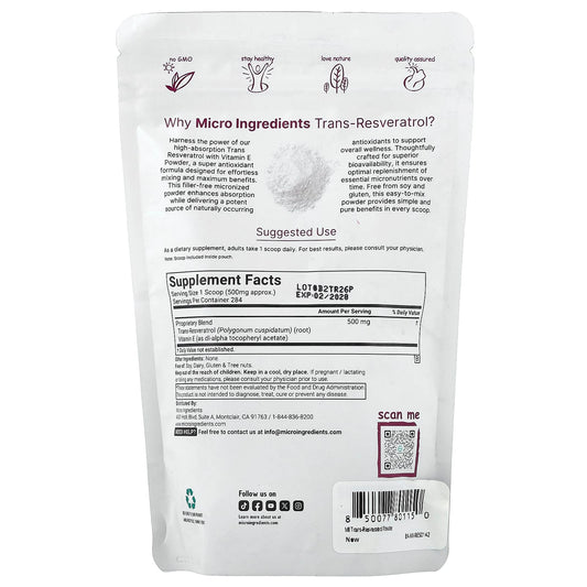 Micro Ingredients, Trans-Resveratrol With Vitamin E, 142 g (5 oz)
