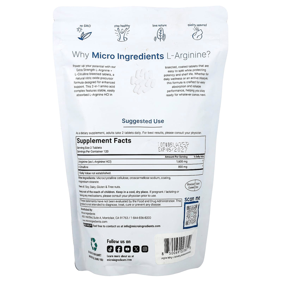 Micro Ingredients L Arginine + L-Citrulline 240 Bisected Tabs Sports Performance