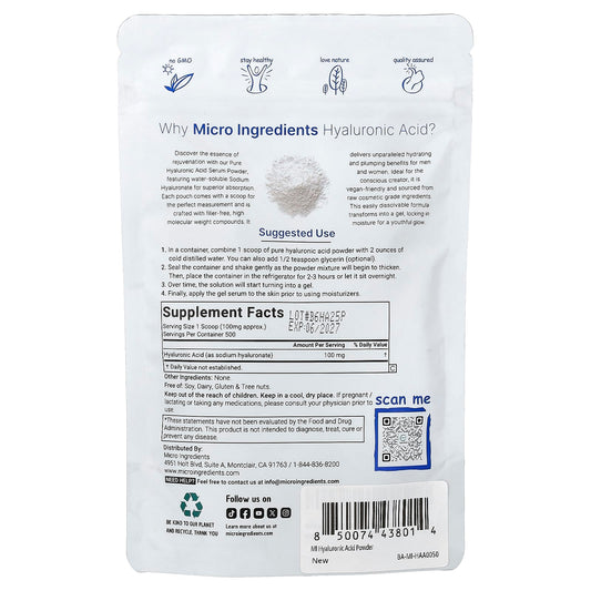 Micro Ingredients, Hyaluronic Acid Powder, 50 g (1.76 oz)