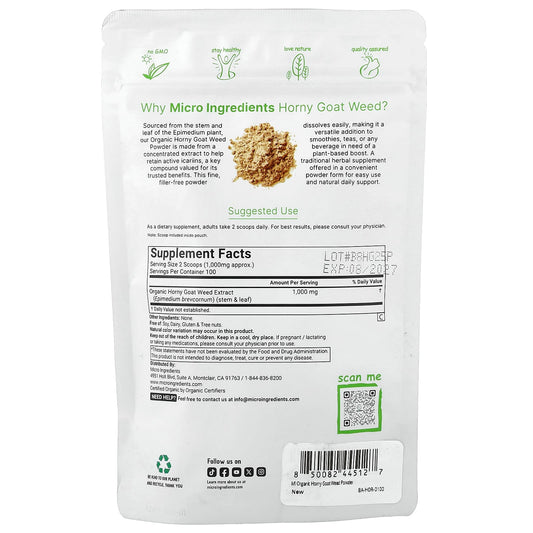 Micro Ingredients, Organic Horny Goat Weed Powder, 3.53 oz (100 g)