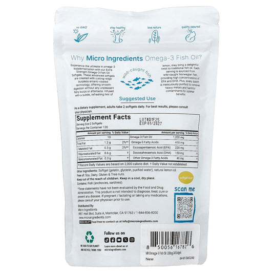 Micro Ingredients, Omega-3 Fish Oil, Lemon , 240 Capsules (600 mg per Capsule)