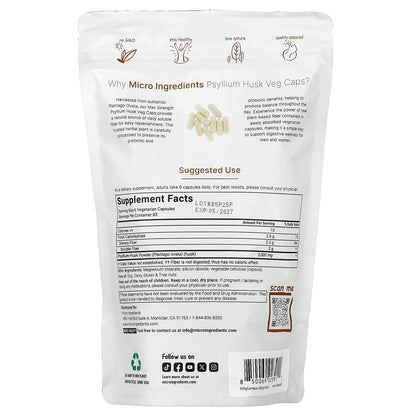 Micro Ingredients Psyllium Husk Veg Caps 500 Vegetarian Capsules