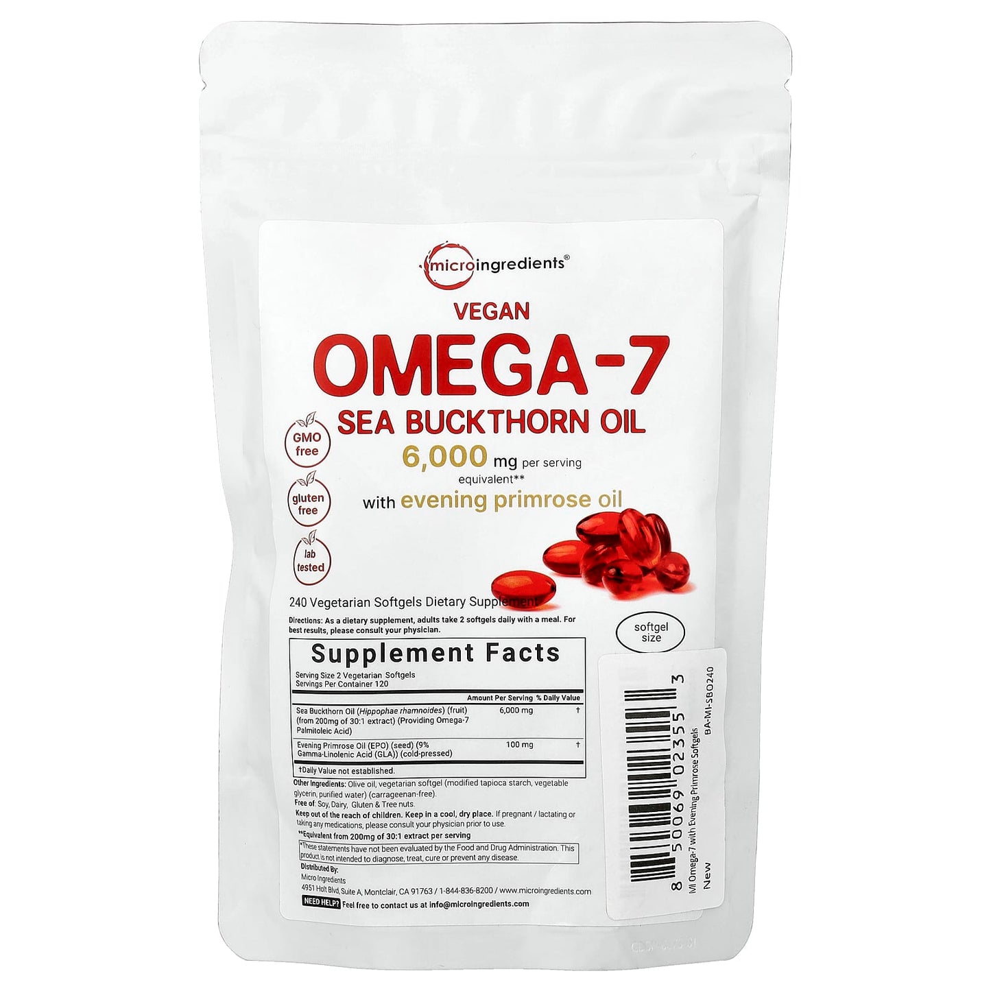 Micro Ingredients, Vegan Omega-7 Sea Buckthorn Oil With Evening Primrose Oil, 240 Vegetarian Capsules