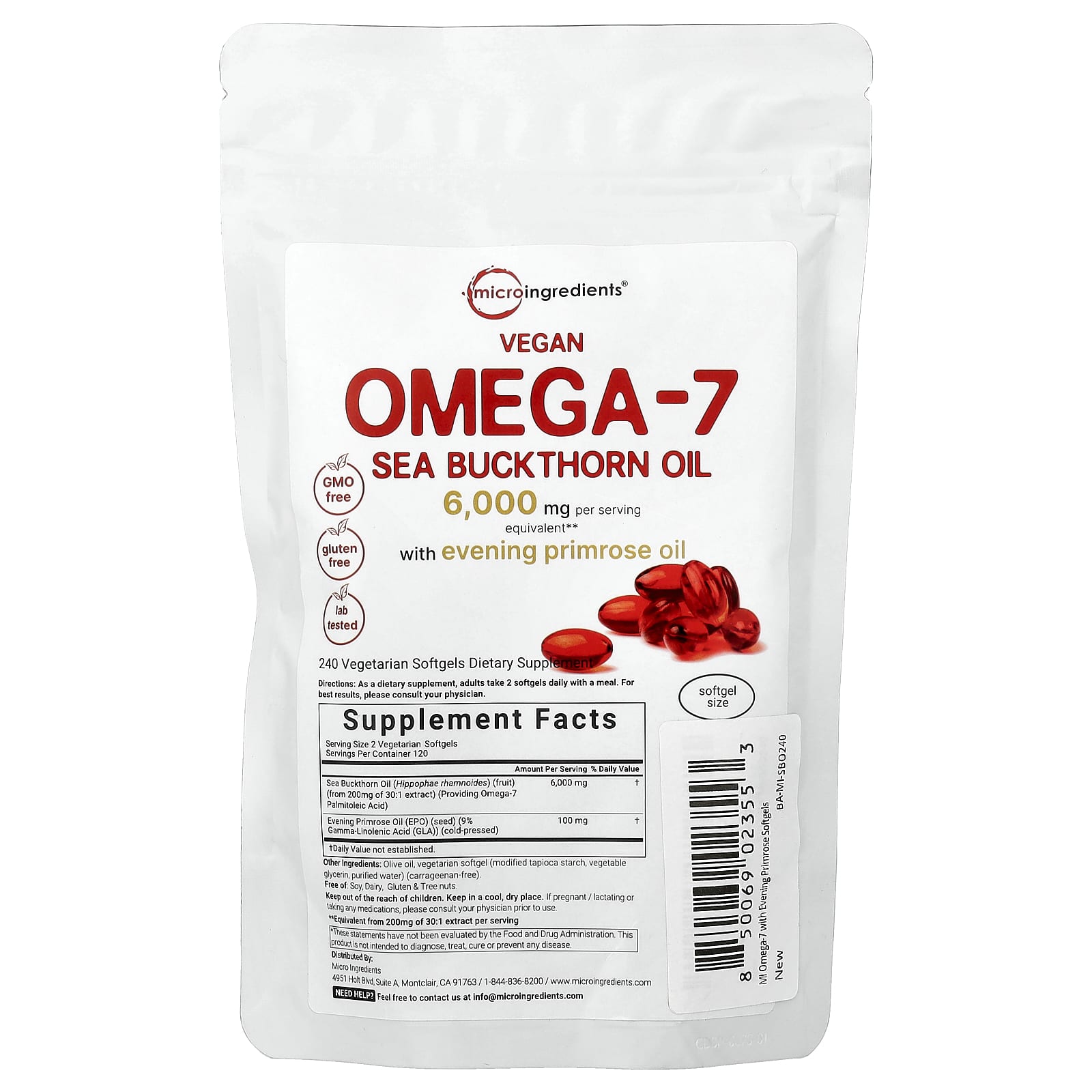 Micro Ingredients, Vegan Omega-7 Sea Buckthorn Oil With Evening Primrose Oil, 240 Vegetarian Capsules