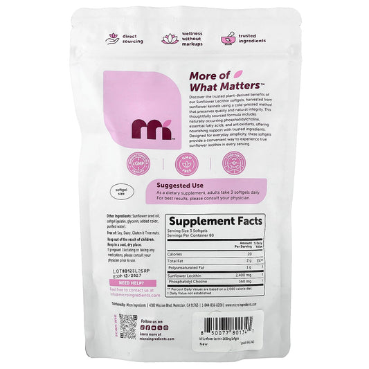 Micro Ingredients, Sunflower Lecithin, 240 Capsules (800 mg per Capsule)