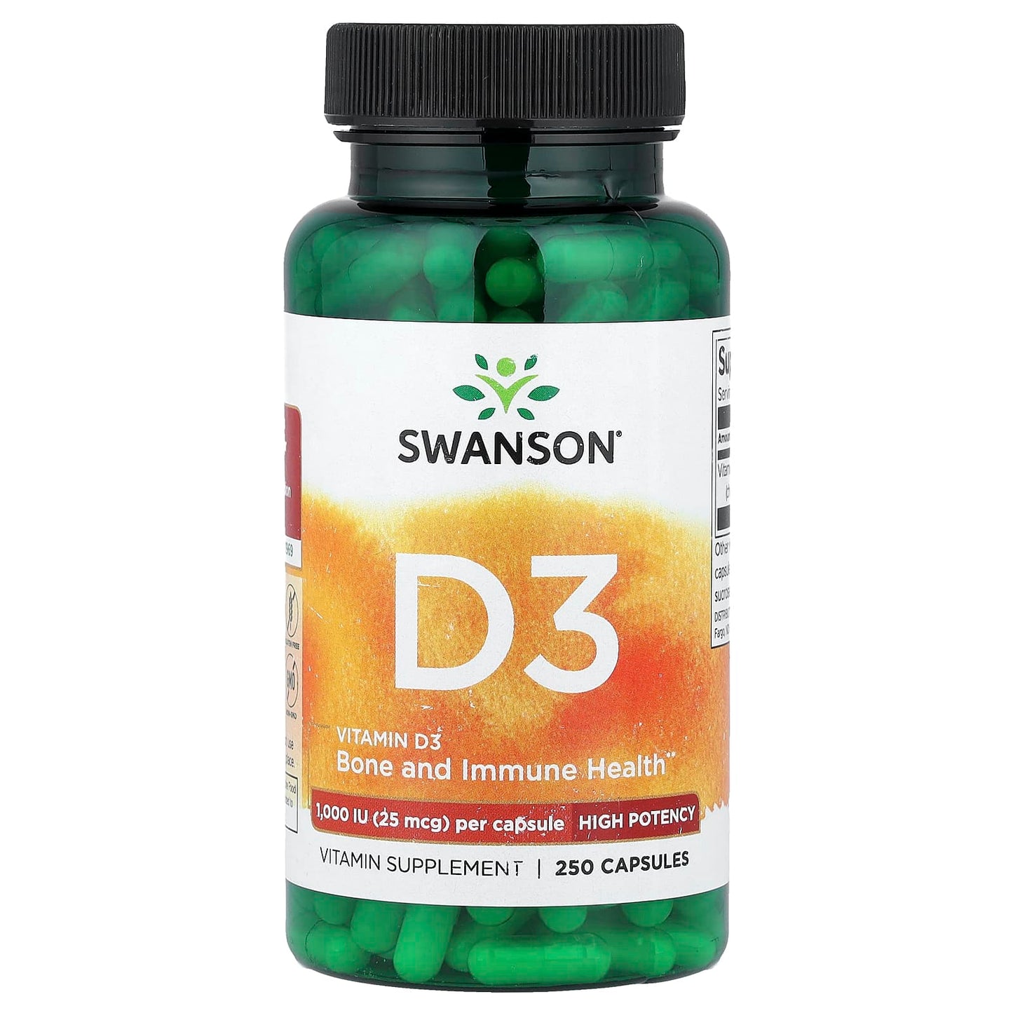 Swanson Vitamins, Vitamin D3, High Potency, 25 mcg (1,000 IU), 250 Capsules