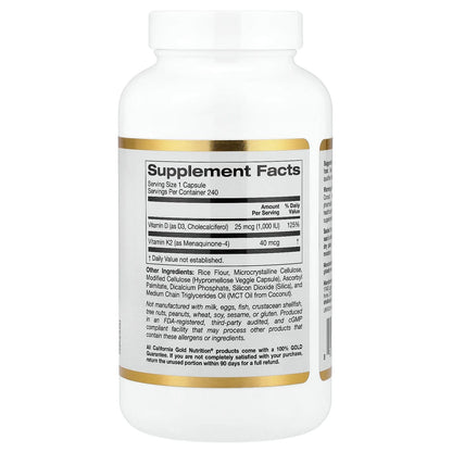 California Gold Nutrition Vitamin D3 + K2 240 Caps