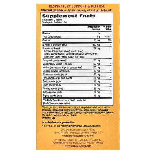 Nature's Secret, Respiratory Support & Defence, 60 Tablets