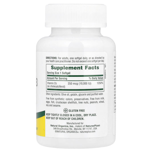 Nature's Plus, Maximum Potency, Vit D3, 10,000 IU, 60 Softgels