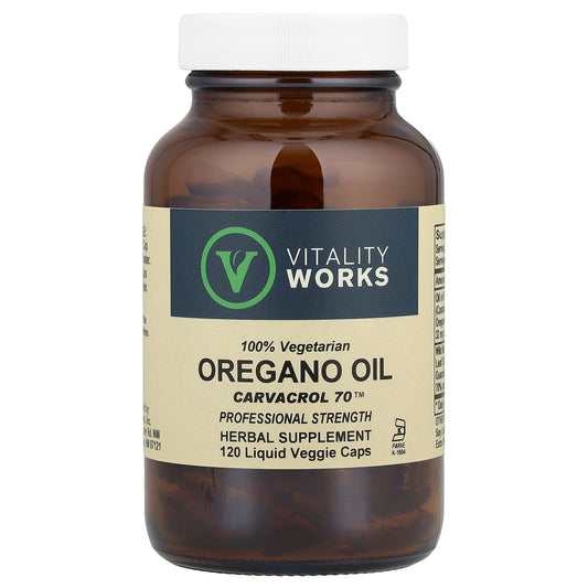 Vitality Works, Oregano Oil, Carvacrol 70, 120 Liquid Veggie Caps